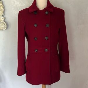 Calvin Klein 100% Wool Double breasted Deep Red Pea Coat w/black buttons Size S